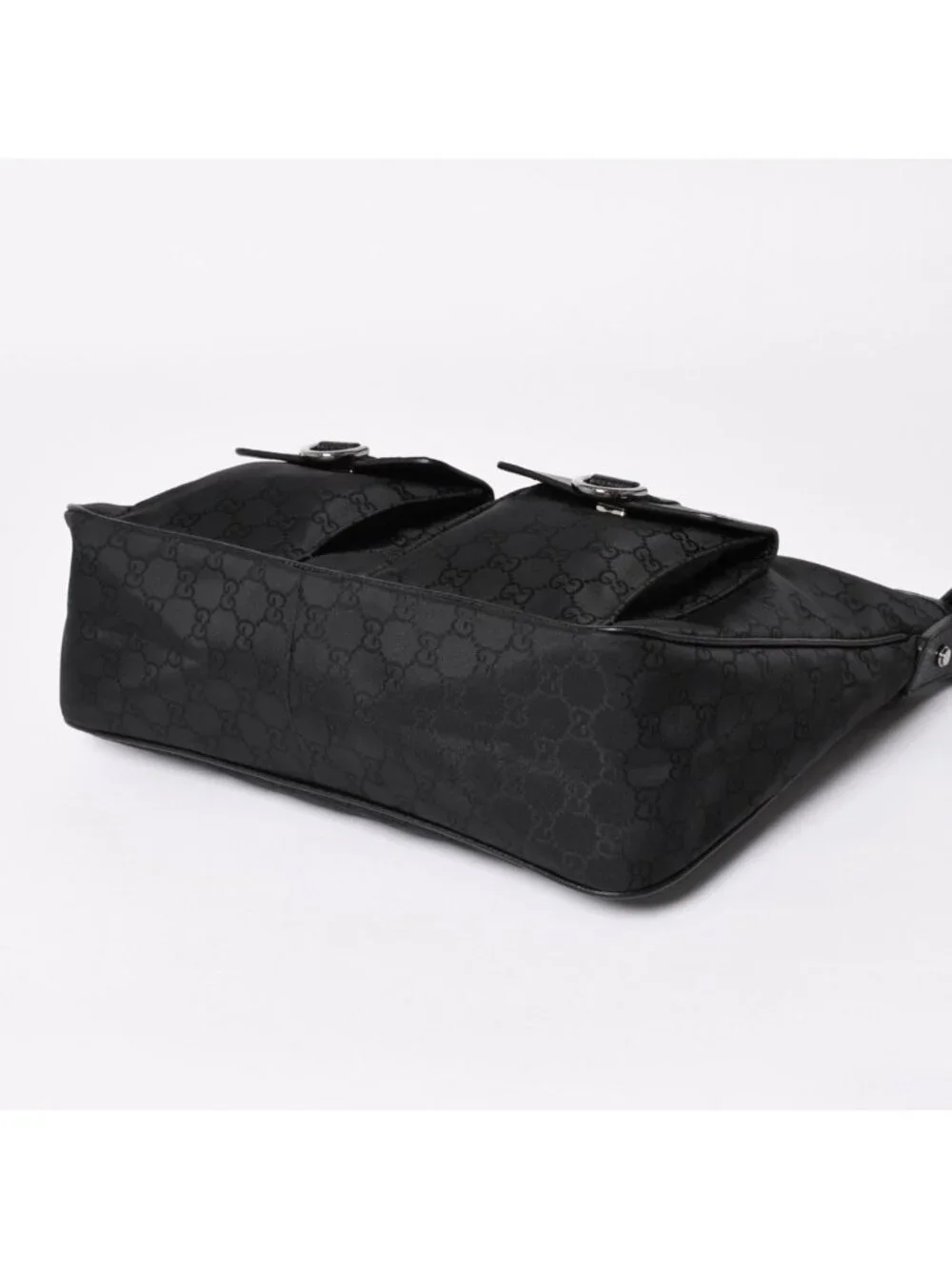 Gucci Hobo Handbag GG Canvas Leather Black Silver